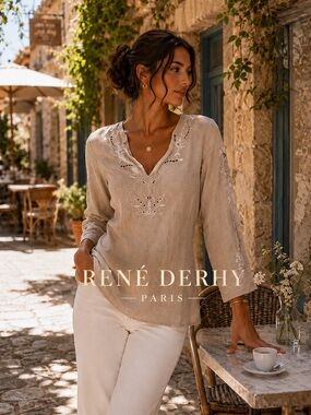 🇫🇷 René Derhy Linen Ramie Blend- Embroidered Boho Top | Size M